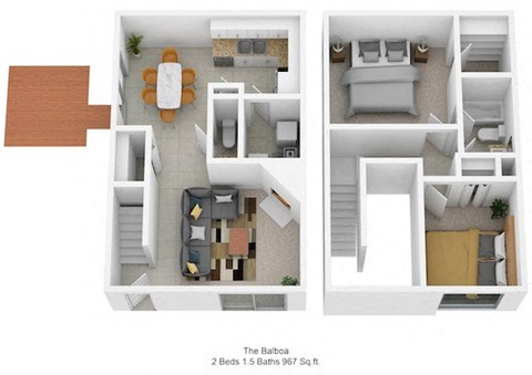 Floor plan for 2 beds, 1.5 baths, 967 sqft